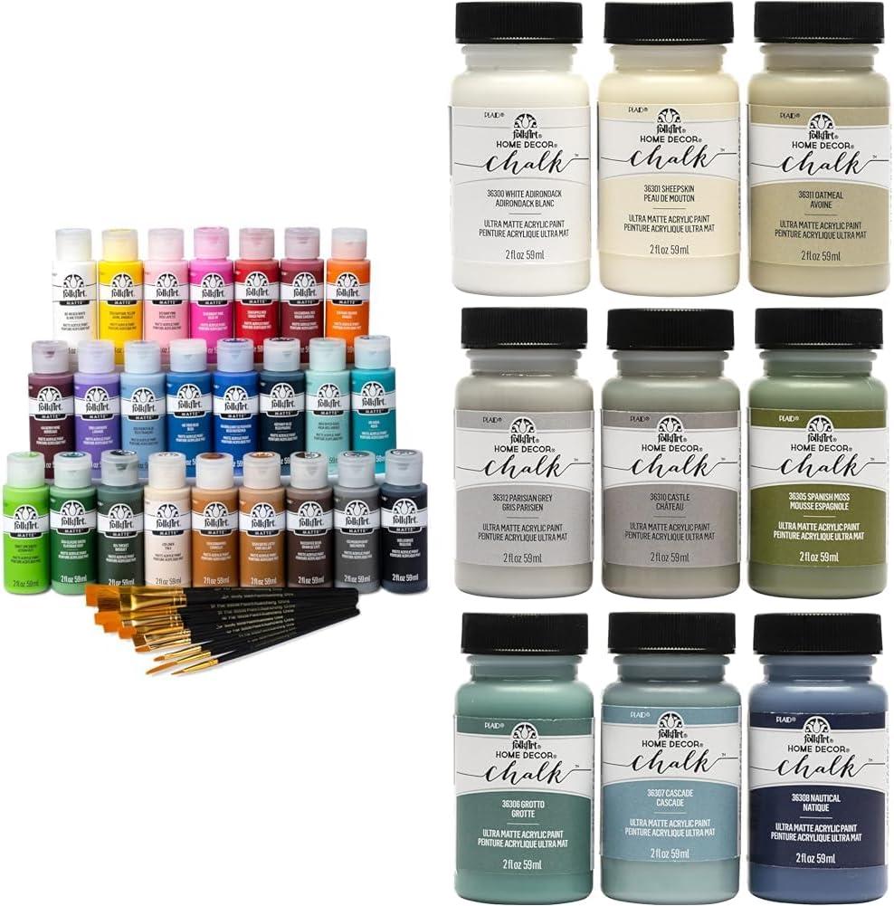 imageFolkArt 99445 24 Bottle Acrylic Craft Paint Set with 10 Pack of Brushes 2oz Colors May VaryAssorted Colors