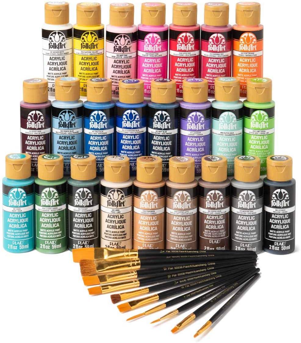 imageFolkArt 99445 24 Bottle Acrylic Craft Paint Set with 10 Pack of Brushes 2oz Colors May VaryAssorted Colors
