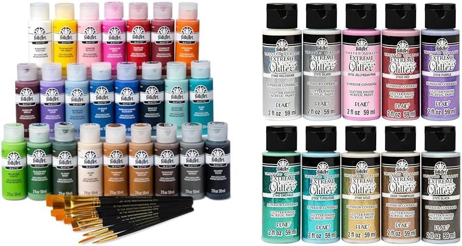 imageFolkArt 99445 24 Bottle Acrylic Craft Paint Set with 10 Pack of Brushes 2oz Colors May VaryAssorted Colors