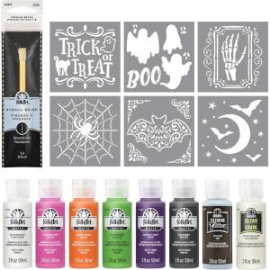 imageFolkArt Halloween Acrylic Paint Kit 15 Piece Set Including 6 Stencils and a Premium Brush