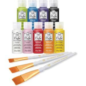imageFolkArt Paint for Plastic Acrylic Craft Paint Kit 12 Piece Set Including 3 Brushes and 9 Colors with a Satin Finish PROMOFAPP24