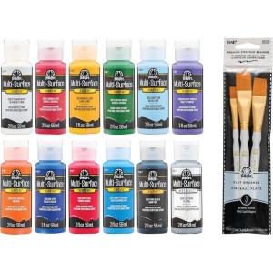 imageFolkArt Varsity Hues Acrylic Paint Kit 15 Piece Set Includes 12 MultiSurface Colors and 3 Premium Flat Brushes